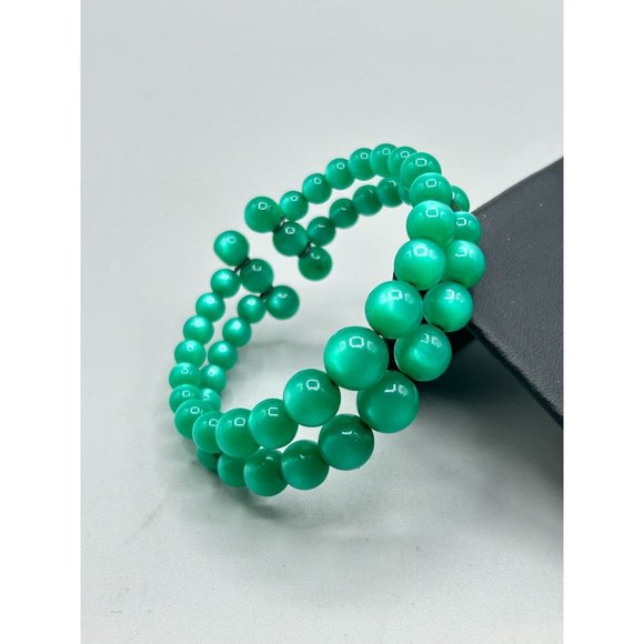 Vintage Green Moonglow Lucite Bracelet Beaded Double Cuff Early Plastic Bracelet - Picture 4 of 5